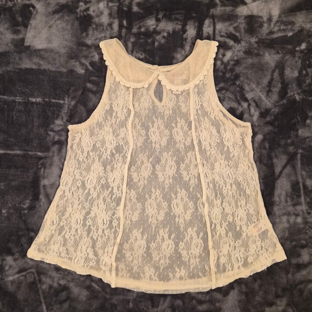 Arizona Jean Co Cream Floral Lace Sleeveless Blouse Peter Pan Collar Sheer M